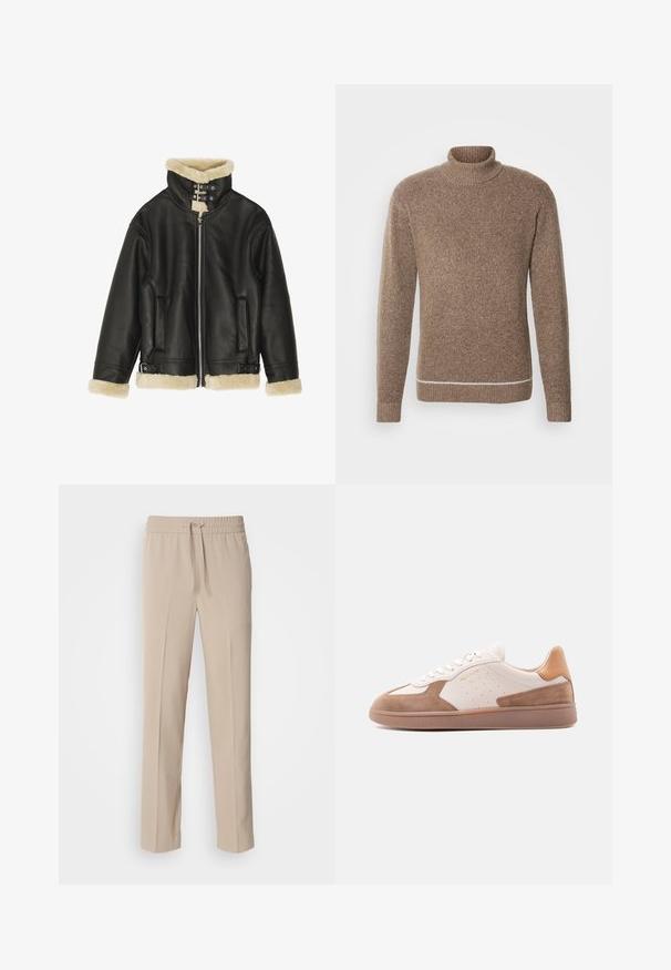 Veste en cuir noir avec col et poignets en shearling beige pelucheux. Dispose d'une fermeture éclair sur le devant et de deux poches latérales. Design robuste avec boucles.; INDICODE JEANS Pullover - otter; Pantalons beiges, coupe décontractée, fabriqués en tissu doux, dotés d'une taille élastique avec cordon de serrage et de jambes droites avec des accents minimalistes.; Baskets basses blanches et marron clair avec des accents en daim, des côtés perforés, des lacets blancs et une semelle extérieure gomme texturée, présentées de profil sur un fond blanc.