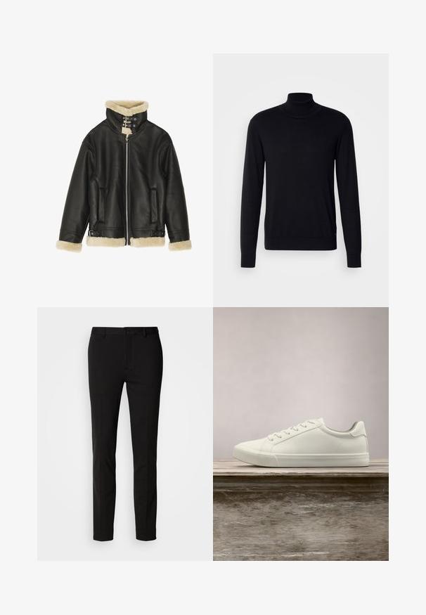 Veste en cuir noir avec col et poignets en shearling beige pelucheux. Dispose d'une fermeture éclair sur le devant et de deux poches latérales. Design robuste avec boucles.; Pull à col montant noir en tissu doux. Doté de manches longues, d'un col et de poignets côtelés, avec une texture lisse et sans motifs.; Pantalon noir à coupe ajustée, avec une fermeture à bouton et des passants de ceinture. Fabriqué en tissu lisse avec un léger éclat, sans motifs visibles.; Sneaker en dentelle blanche flottant au-dessus d'un banc en bois avec un feuillage vert en arrière-plan, mettant en valeur le design et la texture de la chaussure.
