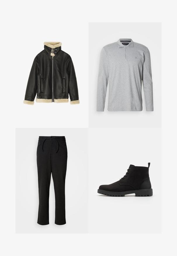 Veste en cuir noir avec col et poignets en shearling beige pelucheux. Dispose d'une fermeture éclair sur le devant et de deux poches latérales. Design robuste avec boucles.; Polo gris à manches longues en tissu doux, équipé d'une fermeture éclair à moitié, d'un col classique et d'un petit logo sur la poitrine.; Pantalons en tricot noirs avec un waistband à cordon de serrage, coupe droite et poches latérales. Texture douce avec une finition lisse.; Bottines noires en daim avec un bout arrondi, un design à lacets, une semelle en caoutchouc avec un relief, et une languette à l'arrière pour un enfilage facile.