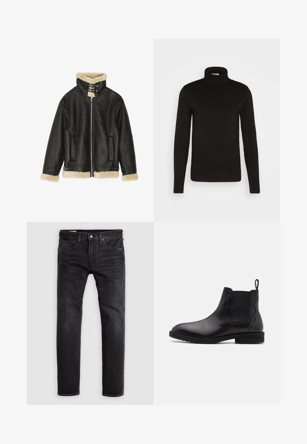Veste en cuir noir avec col et poignets en shearling beige pelucheux. Dispose d'une fermeture éclair sur le devant et de deux poches latérales. Design robuste avec boucles.; Chandail noir à col roulé à manches longues en tissu lisse avec un design ajusté et un col haut et confortable. Aucuns motifs ni accents visibles.; Jeans en denim noir avec une coupe droite, dotés de cinq poches, d'une fermeture à bouton et de coutures visibles le long des coutures.; Bottines Chelsea en cuir noir avec des panneaux latéraux élastiques, bout arrondi et un petit talon bloc. Dispose d'une languette à l'arrière pour un enfilage facile.
