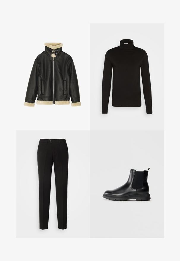 Veste en cuir noir avec col et poignets en shearling beige pelucheux. Dispose d'une fermeture éclair sur le devant et de deux poches latérales. Design robuste avec boucles.; Chandail noir à col roulé à manches longues en tissu lisse avec un design ajusté et un col haut et confortable. Aucuns motifs ni accents visibles.; Pantalons droits noirs en tissu lisse, dotés d'une fermeture à bouton et de poches latérales avec un design classique.; Bottines Chelsea en cuir noir avec des panneaux élastiques, bout arrondi et semelle en caoutchouc texturée. Comprend une languette à l'arrière pour un enfilage facile.