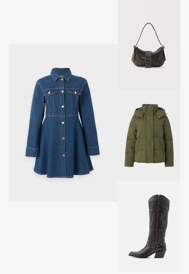 Olijfgroene pufferjack met een hoge kraag en capuchon, voorzien van gestikte panelen, zijzakken en drukknopen.; Donkerblauwe denim jasjurk met lange mouwen, knoopsluiting aan de voorkant, kraag en twee borstzakken met kleppen en knopen.; Bruine leren cowboylaarzen met vlamstiksels, zijrits, zilveren studs, spits toelopende neus en gestapelde hak.; Zwarte leren schoudertas met gespsluiting aan de riem, afgeronde hoeken en contrasterende witte stiksels op een effen achtergrond.