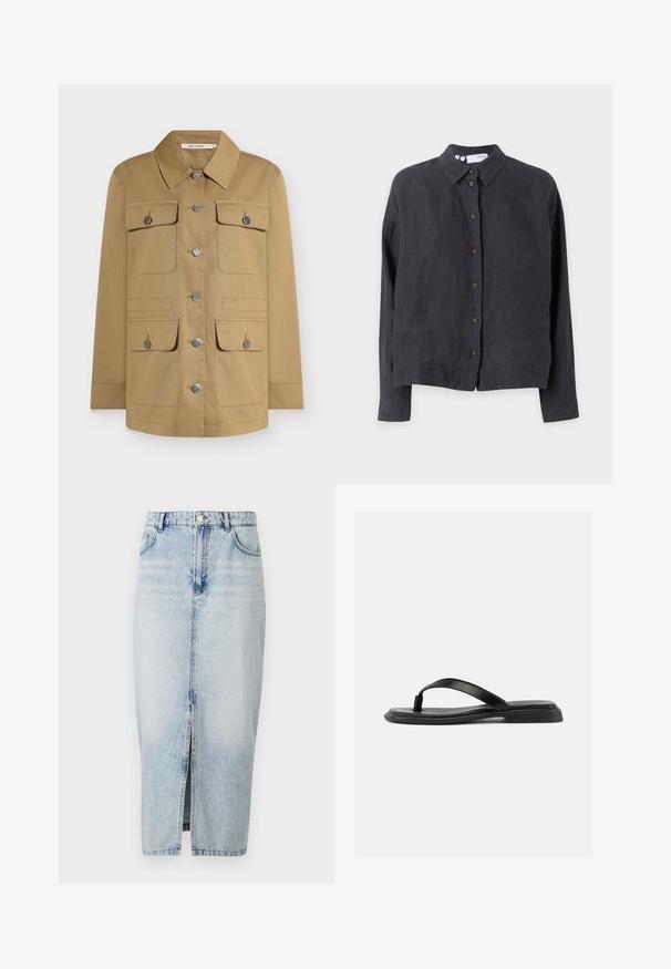 Tan button-up jakke med krave, fire forlommer og sølvfarvet hardware. Fremstillet af holdbart stof for en struktureret pasform.; Mørkegrå linned skjorte med knapper, krave, lange ærmer og brune knapper foran. Skjorten har en afslappet pasform og en glat tekstur.; Lyseblå denimnederdel med en frontslids, høj talje, fem lommer og synlige syninger. Har et klassisk design og en glat tekstur.; Sort flad thong-sandal med tekstureret rem og let forhøjet hæl, vist i sideprofil mod en ensartet lys baggrund.