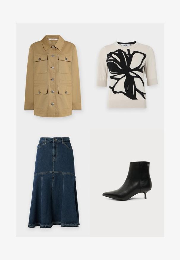 Beige jack met knopen, voorzien van een kraag, vier voorzakken en zilverkleurige details. Gemaakt van duurzaam materiaal voor een gestructureerde pasvorm.; DKNY GRAFFITI FLORAL - T-shirt print - light city khaki/black; Denim rok in donk blauw met een uitlopende vorm, featuring een hoge taille, voorzakken en een ruwe zoom. Versleten textuur en stikseldetails.; Zwart leren enkellaars met puntige neus en lage kittenhak op lichte achtergrond, zijaanzicht buitenkant.
