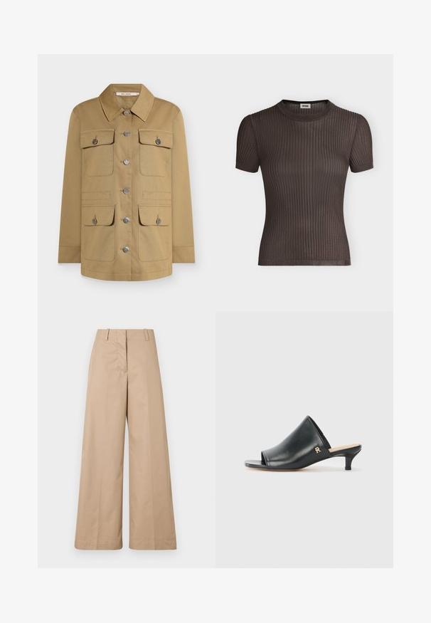 Tan button-up jakke med krave, fire forlommer og sølvfarvet hardware. Fremstillet af holdbart stof for en struktureret pasform.; Kortærmet, mørkebrun ribstrikket top med rund halsudskæring, vist fladt mod en ensartet lys baggrund.; Beige bredde benbukser lavet af blødt bomuldsstof, med en skræddersyet talje og flad front, designet til en afslappet pasform og rene linjer.; Sorte læder open-toe mules med en lav hæl. Har en glat overflade og et guld logo-prim på siden.