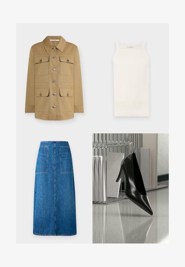 Tan button-up jakke med krave, fire forlommer og sølvfarvet hardware. Fremstillet af holdbart stof for en struktureret pasform.; Cremefarvet ribbet tanktop med tynde stropper, tætsiddende design og lige kant. Etiketten siger "IVY OAK." Materialet ser blødt og strækbart ud.; Mørkeblå denimnederdel med lige snit, der har to baglommer og synlig syning langs kanten og lommerne.; Sort højhælet sko med spids tå og guldlogo, placeret på en reflekterende overflade nær en krom trådfilholder med dokumenter.
