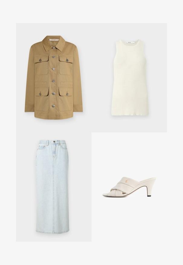 Tan button-up jakke med krave, fire forlommer og sølvfarvet hardware. Fremstillet af holdbart stof for en struktureret pasform.; Udenærmet cremet top lavet af ribbet stof, med rund halsudskæring og tætsiddende design. Ingen synlige mønstre eller accenter.; Lyseblå denim maxi-nederdel med lige design, frontknaplukning og synlige syninger. Har to frontlommer.; Beige højhælede mules med et snoet læderstropdesign, åben tå og præget logoaccent. Hælen har en sort spidsdetalje.