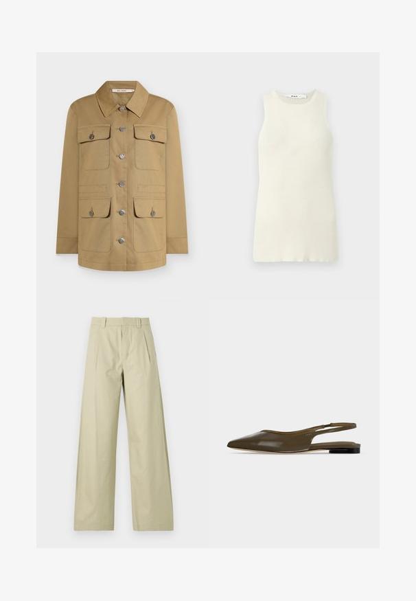 Beige jack met knopen, voorzien van een kraag, vier voorzakken en zilverkleurige details. Gemaakt van duurzaam materiaal voor een gestructureerde pasvorm.; Mouwloze crèmekleurige tanktop van ribstof, met een ronde halslijn en een aansluitend ontwerp. Geen zichtbare patronen of accenten.; Wijde broekspijpen in lichtbeige katoen, met een platte voorkant en plooien, riemlussen en omgeslagen zoom. Glad materiaal en casual ontwerp.; Olijfgroene platte slingback met spitse neus, lage zwarte hak en een gladde, glanzende afwerking.