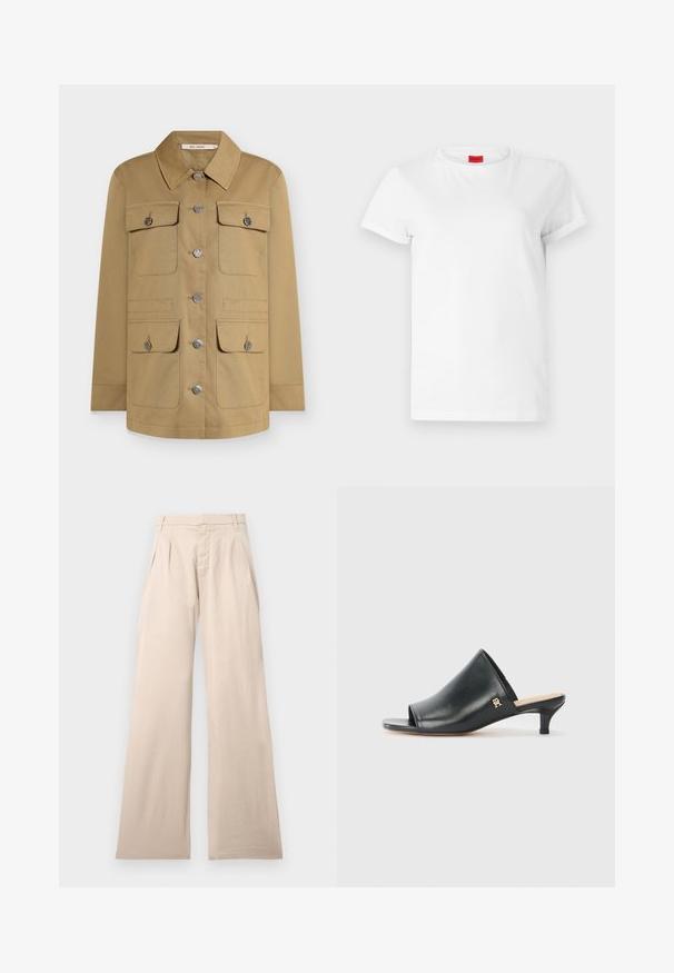 Tan button-up jakke med krave, fire forlommer og sølvfarvet hardware. Fremstillet af holdbart stof for en struktureret pasform.; Hvid kortærmet t-shirt lavet af letvægts bomuld. Har en rund halsudskæring og rullede ærmer. Rød logoetiket på kraven.; Beige vide bukser lavet af bomuld, med bukser foran og en glat tekstur. Designet inkluderer en standard talje og ingen synlig mønster.; Sorte læder open-toe mules med en lav hæl. Har en glat overflade og et guld logo-prim på siden.