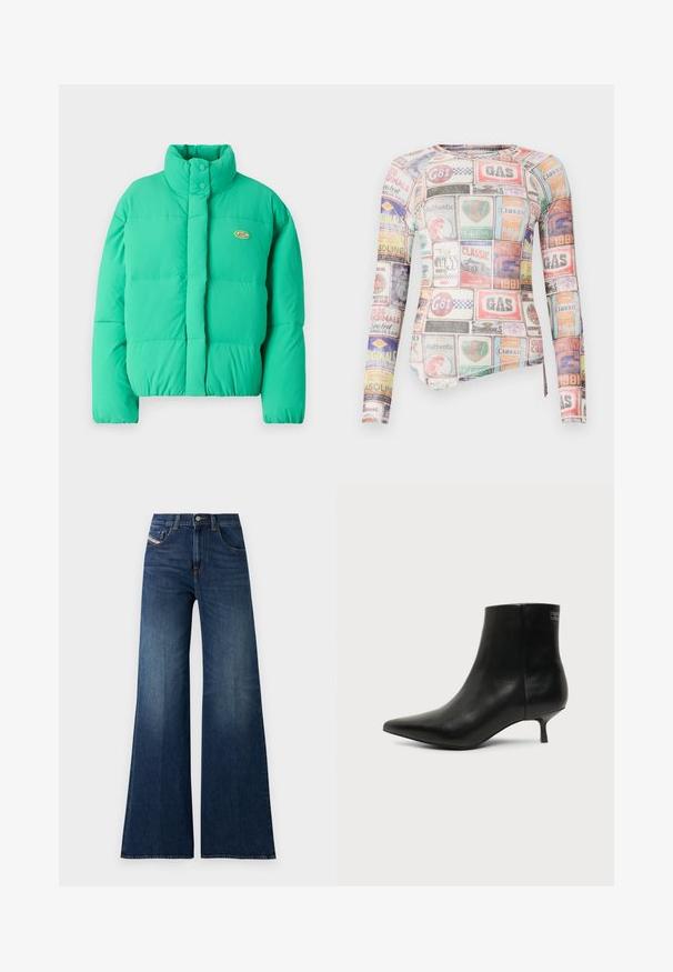 Grüne Steppjacke mit hohem Kragen, Druckknopfverschluss und horizontalen Nähten. Enthält ein kleines Logo auf der linken Seite.; Langärmliges, tailliertes Hemd mit einer mehrfarbigen Collage von Markenlabels und -logos auf einem glatten Stoff und einem Rundhalsausschnitt.; Hoch taillierte, dunkelblaue weite Jeans mit Front- und Münztaschen, Knopfverschluss und dezenten Waschungseffekten an den Oberschenkeln.; Schwarzer Leder-Knöchel-Stiefel mit spitzer Spitze und niedrigem Kittenabsatz vor hellem Hintergrund, seitliche Ansicht.