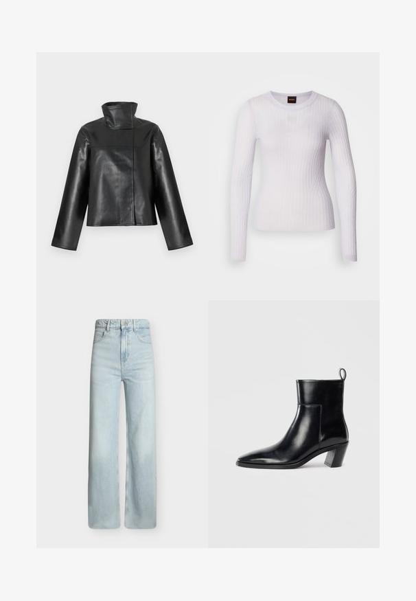 Veste en cuir noire avec un col montant haut, des manches longues et une fermeture avant dissimulée présentée sur un fond blanc.; Haut blanc à manches longues en tissu côtelé ; doté d'un col rond et d'une coupe ajustée avec une texture subtile et des détails de coutures.; Jean bleu clair taille haute à jambes larges avec poches à l'avant, passants de ceinture et fermeture par bouton métallique sur fond uni.; Bottine en cuir noir avec un bout pointu, un talon empilé géométrique et une languette à l'arrière. Texture lisse et design épuré.