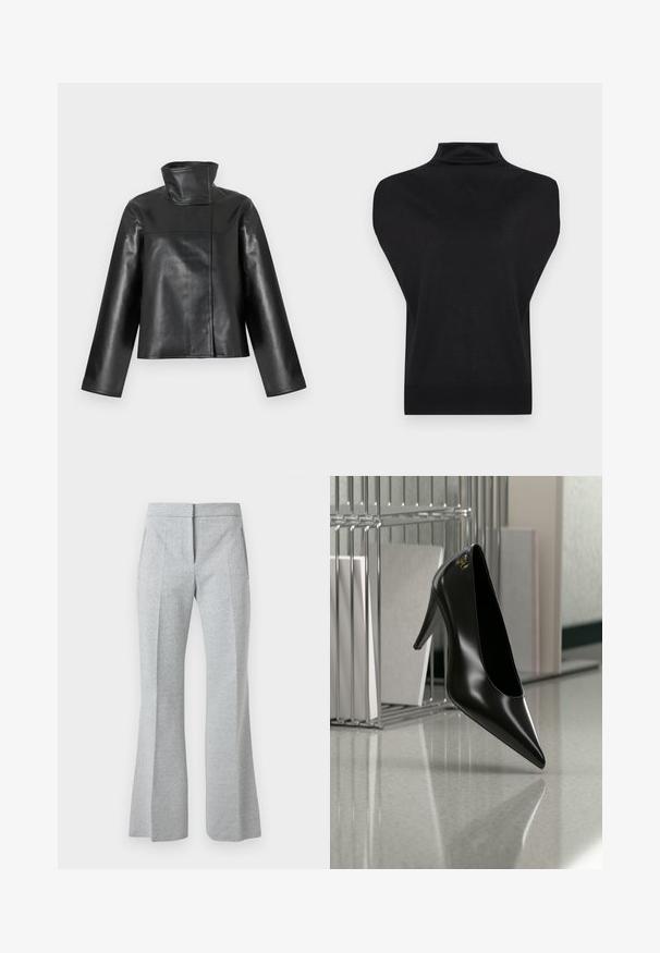 Veste en cuir noire avec un col montant haut, des manches longues et une fermeture avant dissimulée présentée sur un fond blanc.; Pull noir sans manches à col roulé avec de larges panneaux aux épaules et un ourlet côtelé ajusté, présenté sur un fond blanc.; Pantalon gris clair taille haute, taille ajustée avec un motif chevron subtil, pli frontal, poches latérales et jambes légèrement évasées.; Chaussure noire à talon haut avec bout pointu et logo doré, posée sur une surface réfléchissante près d'un organiseur de dossiers en fil chromé contenant des documents.