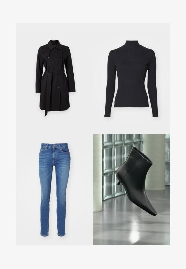 Sort trenchcoat med dobbeltradet design, stor krave og bælte. Fremstillet af glat stof med fremtrædende knapper og to sidelommer.; Sort ribbet turtle-sweater med lange ærmer. Lavet af strækbart stof med en tætsiddende pasform og høj krave. Enkel design uden udsmykninger.; Blå denimjeans med slim fit, der har fem lommer, knaplukning og let falmning langs lårerne for ekstra struktur.; Sort læderankelstøvle med spids tå og lav kitten-hæ, vist vinklet mod en poleret gulv- og glasblokvæg.