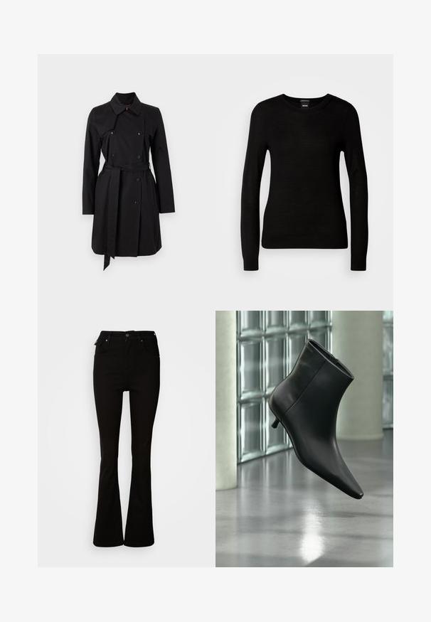 Sort trenchcoat med dobbeltradet design, stor krave og bælte. Fremstillet af glat stof med fremtrædende knapper og to sidelommer.; Sort sweater lavet af et fint strikmateriale, med en rund halsudskæring og lange ærmer med tætsiddende mansjetter. Ingen synlige mønstre eller dekorationer.; Sorte flare jeans lavet af denim, med høj talje, forlommer og et klassisk fem-lomme design med metalhardware detaljer.; Sort læderankelstøvle med spids tå og lav kitten-hæ, vist vinklet mod en poleret gulv- og glasblokvæg.