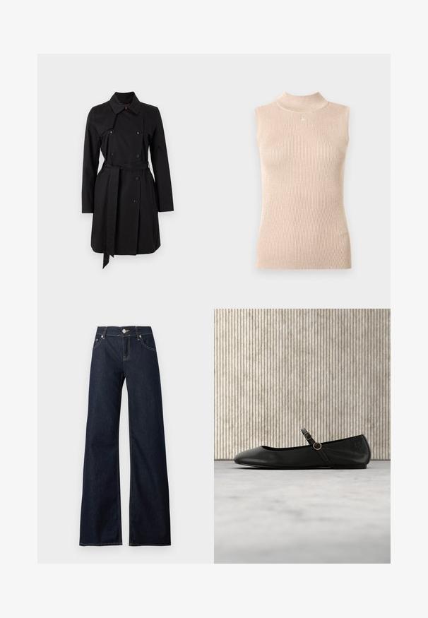 Sort trenchcoat med dobbeltradet design, stor krave og bælte. Fremstillet af glat stof med fremtrædende knapper og to sidelommer.; Ærmeløs top med høj hals i blød beige ribstrikket stof. Har en diskret glans, figursyet pasform og en lille logoaccents ved halsudskæringen.; Mørkeblå jeans med vide ben, knaplukning, bæltestropper, forlommer og kontrastsyning.; Sort læderballetflad med rundet tå, der har en tynd rem og guldfarvet rund hardware. Glat tekstur og minimalistisk design.
