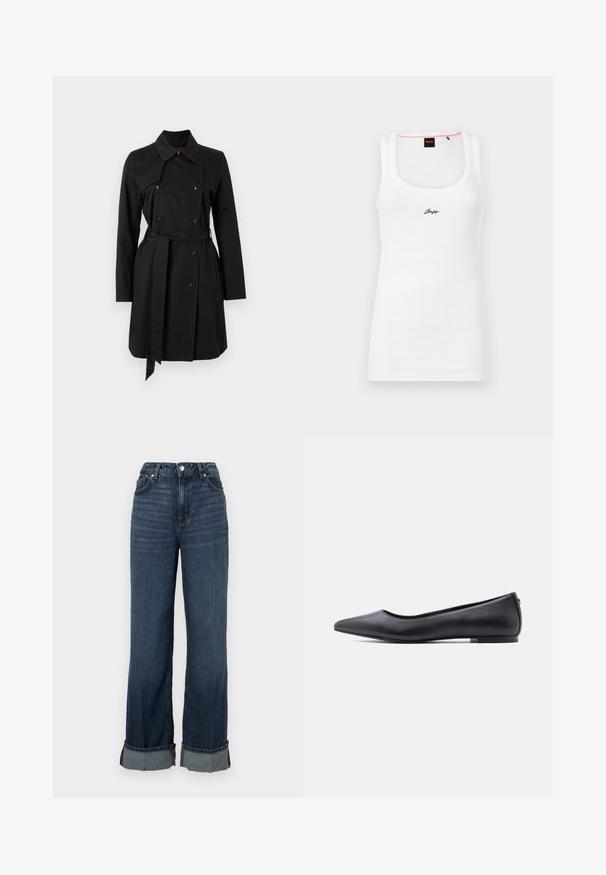 Sort trenchcoat med dobbeltradet design, stor krave og bælte. Fremstillet af glat stof med fremtrædende knapper og to sidelommer.; Hvid bomulds tanktop med ribbet tekstur, der har en rund halsudskæring og et lille sort broderet logo på forsiden.; Højtaljede vide jeans i mørkeblå denim, med kontrastsyninger, foldet kant nederst og klassisk femlomme-design.; Sort flad lædersko med spidst tåparti og lav hæl, vist i sideprofil mod en hvid baggrund.
