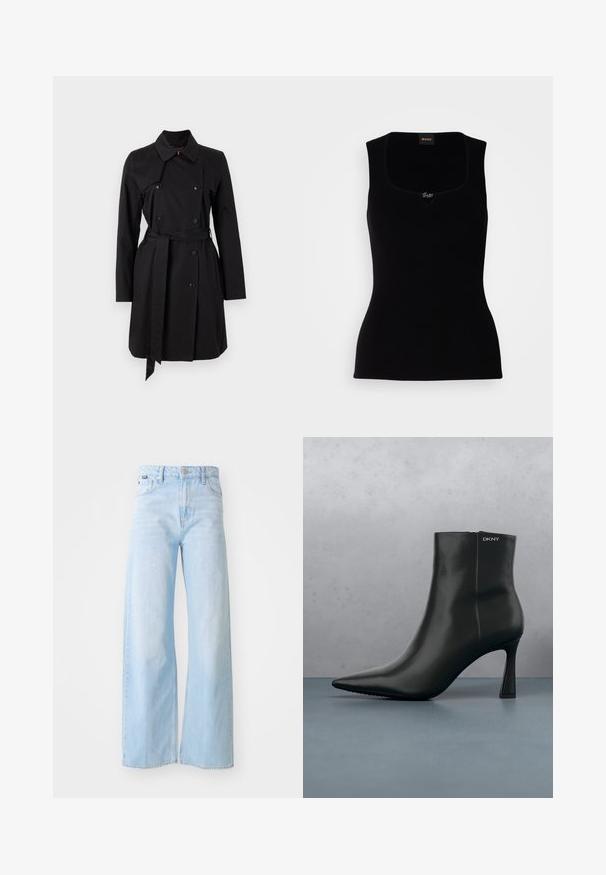 Sort trenchcoat med dobbeltradet design, stor krave og bælte. Fremstillet af glat stof med fremtrædende knapper og to sidelommer.; Sort ribbet tanktop med firkantet udskæring, der har en lille logoaccent i midten. Lavet af et blødt, tekstureret materiale.; Lyseblå bredbensbukser lavet af denim, med høj talje, forlommer, knaplukning og syet kantdetalje.; Sort læder ankelstøvle med spids tå og geometrisk hæl. Har subtil branding og en glat overflade. Baggrunden består af strukturerede fliser.