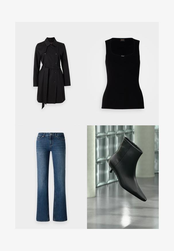 Sort trenchcoat med dobbeltradet design, stor krave og bælte. Fremstillet af glat stof med fremtrædende knapper og to sidelommer.; Sort ribbet tanktop med firkantet udskæring, der har en lille logoaccent i midten. Lavet af et blødt, tekstureret materiale.; Mørkeblå denim jeans med flared ben design, der har subtile fading og slidte detaljer nær lår- og knæområdet.; Sort læderankelstøvle med spids tå og lav kitten-hæ, vist vinklet mod en poleret gulv- og glasblokvæg.