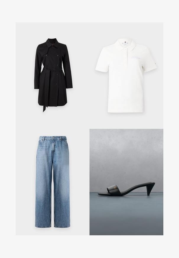 Sort trenchcoat med dobbeltradet design, stor krave og bælte. Fremstillet af glat stof med fremtrædende knapper og to sidelommer.; Hvid kortærmet polo skjorte lavet af bomuld. Har en klassisk krave, knaplukning og broderet logo i lys lilla på brystet.; Lyseblå vidde denim jeans med høj talje, frontknap og sidelommer, præsenteret mod en hvid baggrund.; Sort læder åben-toe sandal med hæl og guld logo på remmen, der svæver over en flisebelagt udendørs overflade med grønne planter i baggrunden.