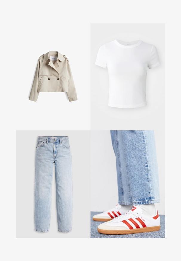 Beiger gekürzter Trenchcoat aus Baumwollmischung, mit doppelt geknöpftem Verschluss, Schulterklappen und zwei Vordertaschen.; Weißes, kurzärmeliges, cropped T-Shirt mit Rundhalsausschnitt, auf einem neutralen, hellen Hintergrund präsentiert.; Hellblaue Jeans aus Denim mit hoher Taille, lockerem Schnitt, geraden Beinen und klassischem Fünf-Taschen-Design. Sichtbare Verblassung und Nahtdetails.; Weiße Leder Sneaker mit roten Streifen und Akzenten. Verfügt über eine strukturierte Gummi-Laufsohle und einen gepolsterten Schaft. Tragen mit hellblauer Jeans.