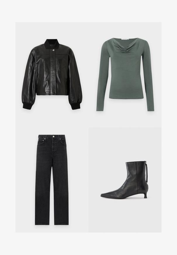 Veste aviateur en cuir noir avec col côtelé, fermeture éclair et deux poches avant. Comprend des épaules rembourrées et des poignets côtelés.; T-shirt à manches longues en tissu vert muted avec un col drapé. Il présente une coupe ajustée et une texture lisse, idéale pour un usage décontracté.; Jean en denim noir avec un design à jambe droite, équipé d'un bouton en métal et d'un style à cinq poches. Le tissu a une texture légèrement usée.; Bottine en cuir noir à bout pointu, forme structurée et petit talon. Dispose d'une fermeture éclair latérale et d'un design minimaliste.