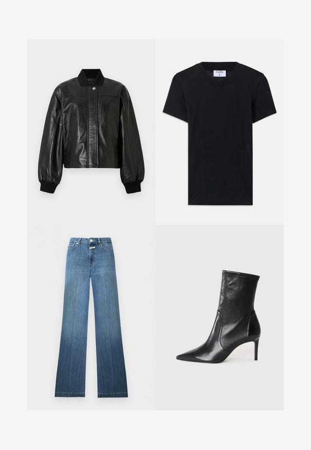 Veste aviateur en cuir noir avec col côtelé, fermeture éclair et deux poches avant. Comprend des épaules rembourrées et des poignets côtelés.; T-shirt en coton noir avec un col rond, des manches courtes et une coupe décontractée. L'étiquette indique "FILIPPA K" au niveau du col.; Jean en denim bleu à taille haute, fermeture à boutons, poches avant et arrière, et légère évasement en bas.; Bottes noires à la cheville en cuir lisse, dotées d'un bout pointu, d'un tige ajustée et d'un talon haut fin. Design minimaliste sans quincaillerie visible.