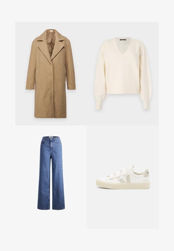 Brun uldblandingsfrakke med tekstureret finish, med slå-om krave, åbent front og sidelommer. Designet til en løs pasform med lange ærmer.; Vero Moda Knitted VMBOOM Knitted - Striktrøje - birch melange; Lyseblå denim brede bukser med høj talje, to frontlommer og synlige stikninger. Har en knap- og lynlåslukning.; Hvide sneakers med velcro-remme, suede detaljer i beige, struktureret gummisål og V-logo i grå. Minimalistisk design, afrundet form.