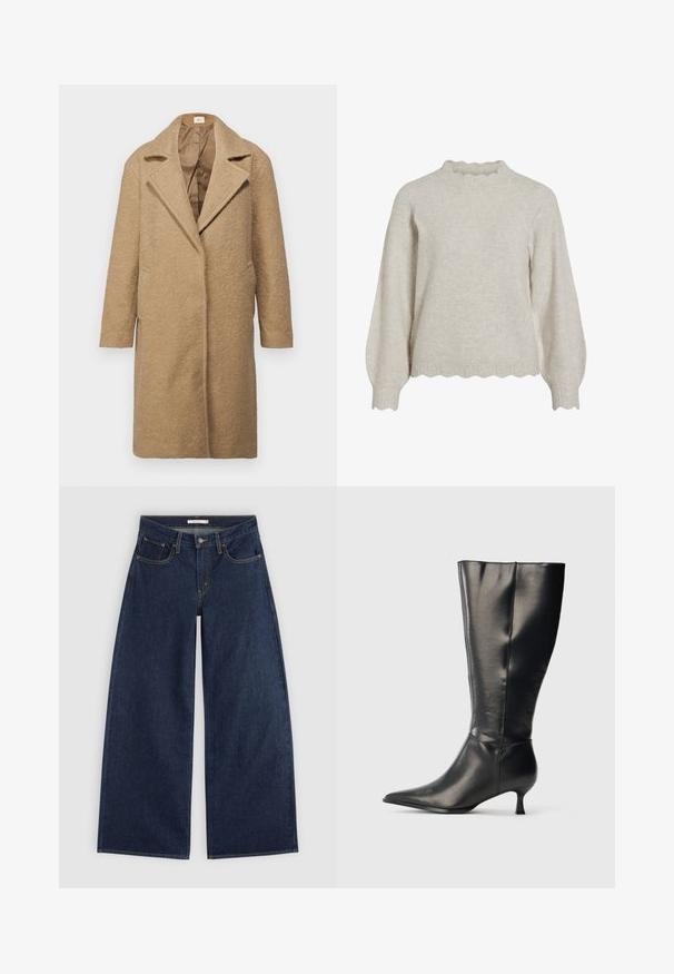 Manteau en mélange de laine marron avec une finition texturée, revers crantés, ouverture sur le devant et poches latérales. Conçu pour une coupe ample avec des manches longues.; Pull léger beige avec un col et un ourlet à bords festonnés en côtes. Il possède des manches longues en forme de ballon et un tissu doux et texturé.; Jean denim bleu foncé à jambes larges, avec poches avant, passants de ceinture et fermeture par bouton, présenté à plat sur un fond clair.; Botte en cuir noire montant jusqu'au genou, avec un bout pointu et un petit talon bas, présentée sur un fond clair uni.