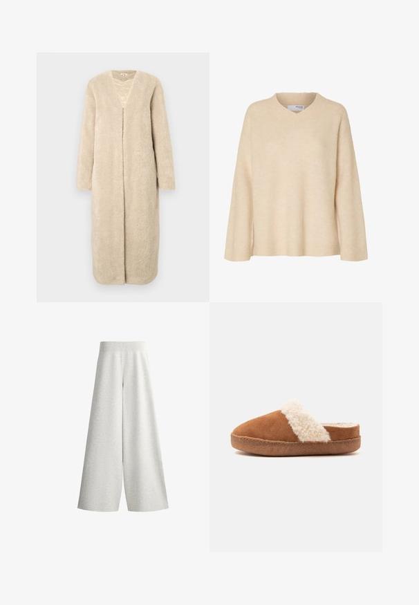 Beige lang frakke lavet af blødt, struktureret stof. Har en V-udskæring og åbent for, med lange ærmer og lige snit.; Beige langærmet sweater med V-udskæring og ribstrikket krave, lavet af blødt strikstof, designet til kvinder.; Lysegrå vidbenede strikkede bukser med ribbet elastisk taljebånd og detaljer på sidepanel, vist på hvid baggrund.; Brun slip-on tøffel med tyk sål og hvid fluffy kant, designet til indendørs komfort og varme.
