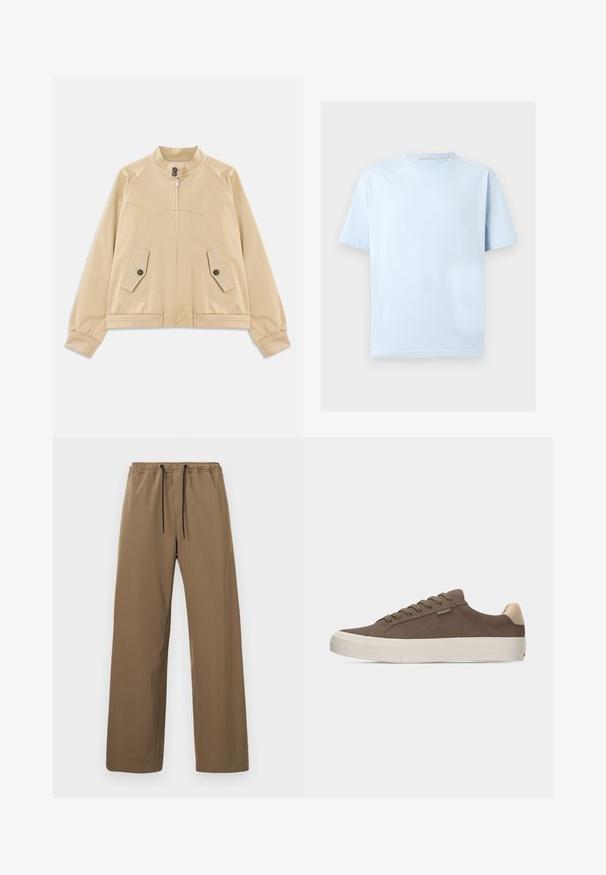 Veste légère beige avec col montant, fermeture éclair à l'avant, deux poches à rabat boutonnées, poignets élastiques et ourlet avec détail en tresse.; T-shirt bleu clair à manches courtes et col rond avec un logo discret "Tiger of Sweden" sur la poitrine gauche et une étiquette à l'intérieur du col.; Pantalon marron à coupe droite avec taille élastique et cordons noirs, présenté sur un fond clair uni.; Baskets basses marron avec languette de talon beige, semelle épaisse blanche et lacets marron assortis sur un fond uni.