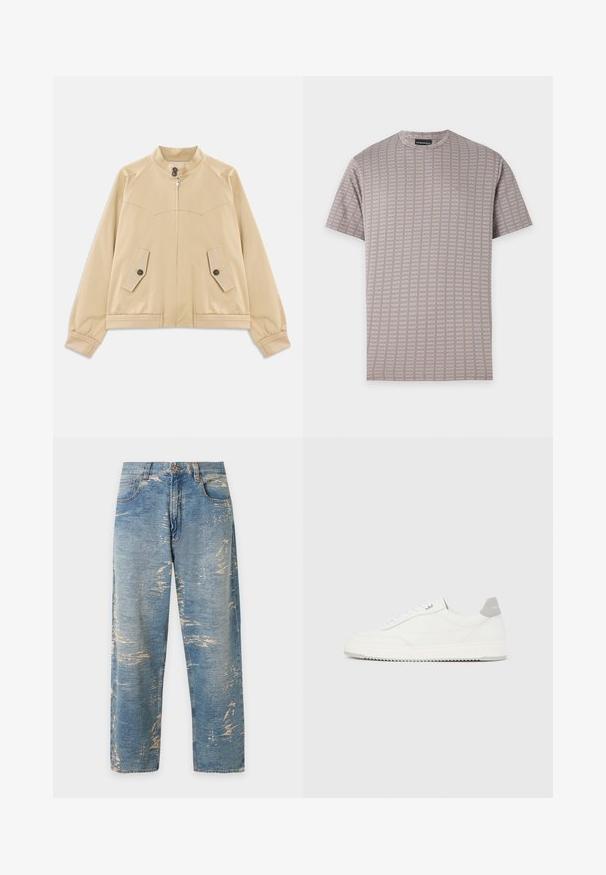 Veste légère beige avec col montant, fermeture éclair à l'avant, deux poches à rabat boutonnées, poignets élastiques et ourlet avec détail en tresse.; T-shirt beige à manches courtes avec un motif à carreaux subtil et un petit logo brodé sur le côté gauche de la poitrine.; Jean bleu clair à jambes droites, taille haute avec des détails délavés et usés sur tout le tissu.; Baskets basses blanches avec un onglet de talon gris, des lacets blancs et une semelle texturée, présentées sur un fond uni clair.