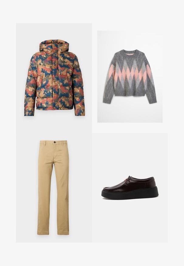 Veste rembourrée avec un motif camouflage dans des tons terreux de marron, rouge et bleu. Comprend une capuche, des boutons-pression et des poches avant.; Pull en laine gris avec un motif en losanges rose et gris clair. Encolure arrondie et ourlet inférieur côtelé. Texture douce, manches longues.; Chinos khaki en coton, avec une coupe droite, deux poches avant, une fermeture à bouton unique et des passants de ceinture, avec une texture lisse.; Chaussure en cuir marron foncé à lacets avec une semelle noire épaisse et une couture style mocassin, vue de côté sur un fond clair.