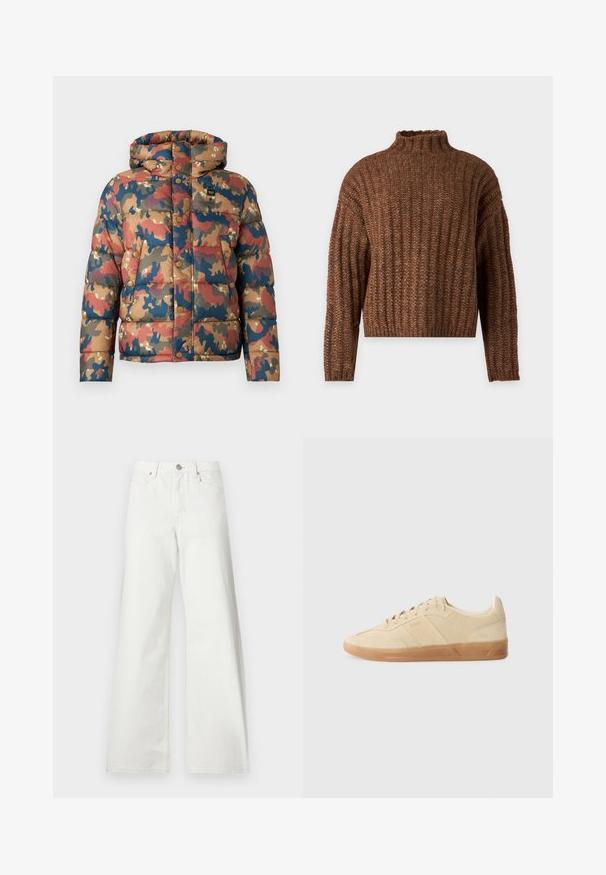 Veste rembourrée avec un motif camouflage dans des tons terreux de marron, rouge et bleu. Comprend une capuche, des boutons-pression et des poches avant.; Pull épais en maille marron avec une texture côtelée et un col court et haut, présenté à plat sur fond clair.; Jean blanc taille haute à jambes larges, fermeture à boutons devant, passants de ceinture et poches avant sur fond uni.; Baskets en suédine beige avec un bout rond, fermeture à lacets ton sur ton et semelle en gomme, présentant un marquage sur les côtés et une texture lisse.