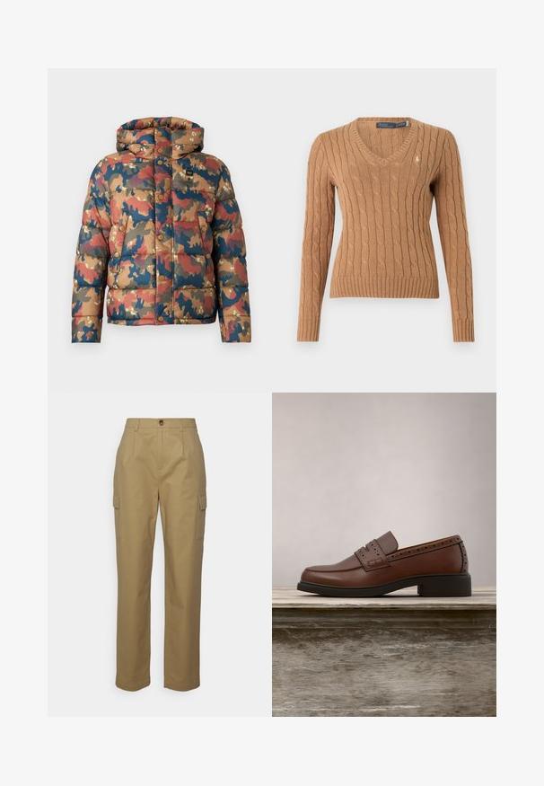 Gevoerde jas met een camouflagedessin in aardetinten zoals bruin, rood en blauw. Voorzien van een capuchon, drukknoopsluiting en voorzakken.; Lichtbruin kabelgebreide V-hals trui met lange mouwen en geribbelde boorden en zoom, met een klein geborduurd logo op de borst.; Anna Field Tall Cargobroek - beige; Bruine leren loafer met geperforeerde details, zwevend boven een houten oppervlak tegen een groene, wazige achtergrond.