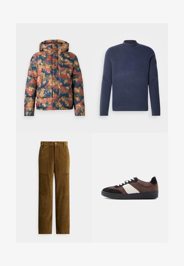 Veste rembourrée avec un motif camouflage dans des tons terreux de marron, rouge et bleu. Comprend une capuche, des boutons-pression et des poches avant.; Ecoalf MAN - Pullover - blue indigo; Pantalon en daim marron avec une coupe droite, doté de deux poches plaquées à l'avant et d'une texture lisse. Fermeture par bouton à la taille.; Baskets en daim marron, noir et crème avec un panneau texturé blanc. Comprennent des lacets blancs, un embout arrondi et une semelle en caoutchouc noire.