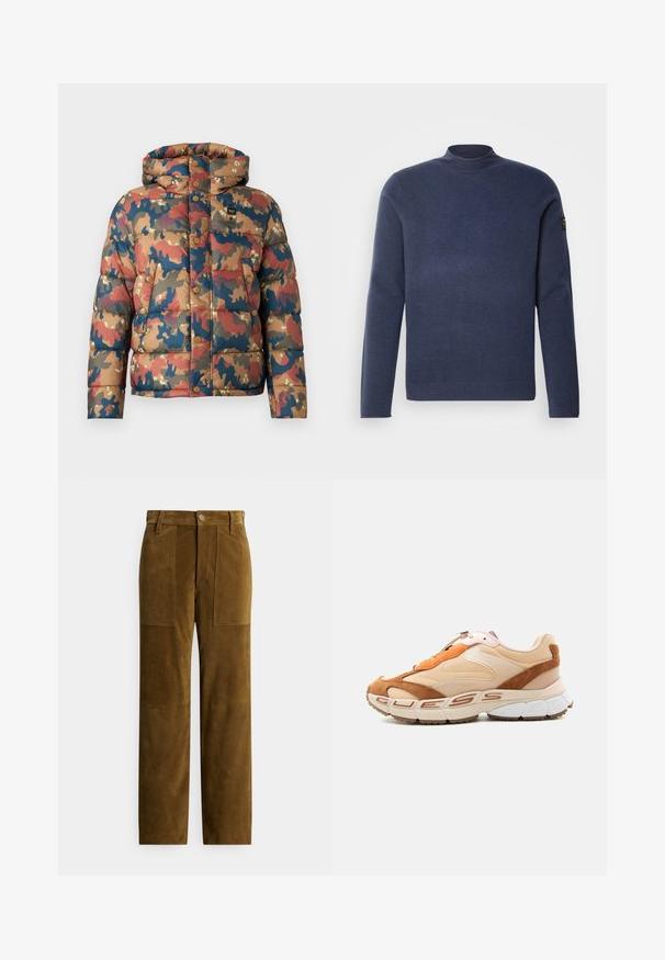 Gevoerde jas met een camouflagedessin in aardetinten zoals bruin, rood en blauw. Voorzien van een capuchon, drukknoopsluiting en voorzakken.; Ecoalf MAN - Trui - blue indigo; Bruine suède broek met een rechte pasvorm, voorzien van twee voorzakken en een gladde textuur. Knopenluiting in de taille.; Beige en bruine lage sneaker met dikke zool en "GUESS"-branding langs de zijkant, afgebeeld in rechterzijaanzicht.