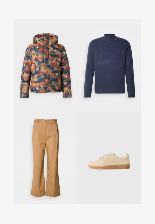 Gepolsterte Jacke mit einem Tarnmuster in erdigen Tönen von Braun, Rot und Blau. Verfügt über eine Kapuze, Druckknöpfe und Fronttaschen.; Ecoalf MAN - Strickpullover - blue indigo; Weit geschnittene Hose aus beigefarbenem Baumwollstoff, mit hohem Bund, zwei goldfarbenen Knöpfen und glatter Textur. Keine sichtbaren Muster oder Akzente.; Beige Wildlederschuh mit runder Zehenform, tonalem Schnürverschluss und einer Gummisohle, ausgestattet mit seitlicher Markierung und glatter Oberfläche.