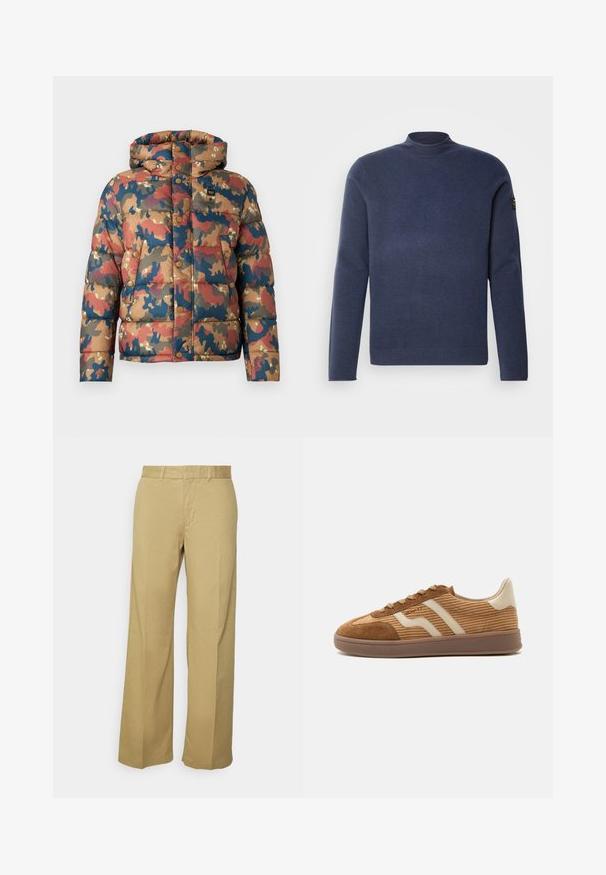 Veste rembourrée avec un motif camouflage dans des tons terreux de marron, rouge et bleu. Comprend une capuche, des boutons-pression et des poches avant.; Ecoalf MAN - Pullover - blue indigo; Pantalons larges en kaki en mélange de coton léger, dotés d'un zip et de passants de ceinture. Texture lisse avec une finition soignée.; Baskets en daim marron et velours côtelé avec des rayures beiges ondulées, des lacets et une semelle en caoutchouc sur fond blanc, vue de côté.