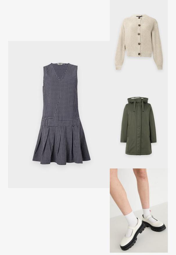Olivegrüner langer Mantel mit Kapuze, Reißverschluss, zwei seitlichen Taschen und einem weichen Innenschild. Das Material wirkt wasserabweisend und glatt.; Beige gestrickte Strickjacke mit langen Ärmeln und fünf großen braunen Knöpfen auf der Vorderseite, mit einem gerippten Kragen und Bündchen.; Marineblaues kariertes Kleid mit V-Ausschnitt, ärmellosem Design, plissiertem Rock und strukturierter Taille. Hergestellt aus leichtem Stoff.; Weiße Lackleder-Mary-Jane-Schuhe mit einer dicken schwarzen Sohle, versehen mit einem Riemen über dem Spann und getragen mit weißen Socken.