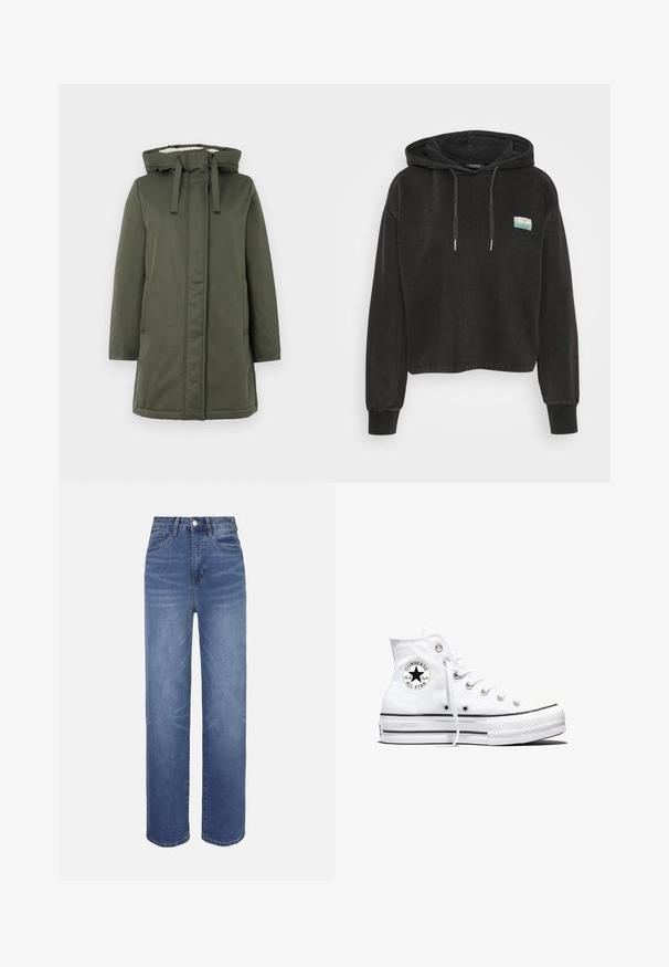 Olivegrüner langer Mantel mit Kapuze, Reißverschluss, zwei seitlichen Taschen und einem weichen Innenschild. Das Material wirkt wasserabweisend und glatt.; Schwarzer, kurz geschnittener Hoodie aus weichem Material, mit Kängurutasche, verstellbarem Kapuzenzug und einem kleinen bunten Patch auf der Vorderseite.; Hellblaue Jeans aus Denim mit hohem Bund, geradem Bein, Fünf-Taschen-Design und dezenten Verwaschungseffekten im Stoff.; Weißer Converse Chuck Taylor All Star High-Top-Sneaker mit schwarzem Logo-Patch und weißen Schnürsenkeln, dargestellt auf weißem Hintergrund.