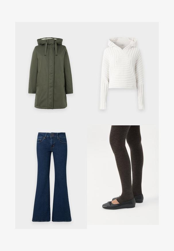 Olijfgroene lange jas met een capuchon, ritssluiting, twee zijzakken en een zachte binnenvoering. Het materiaal lijkt waterafstotend en soepel te zijn.; Witte gebreide hoodie met lange mouwen en ribbelpatroon, lichtjes opgevouwen bij de manchetten, weergegeven op een effen achtergrond.; Donkerblauwe flared jeans van denim, met een ritssluiting en dubbele knoop, voorzakken en gestikte details langs de zijkanten.; Benen met donkere geribbelde leggings gecombineerd met zwarte ballerina's met kleine strikdetails op een witte achtergrond.