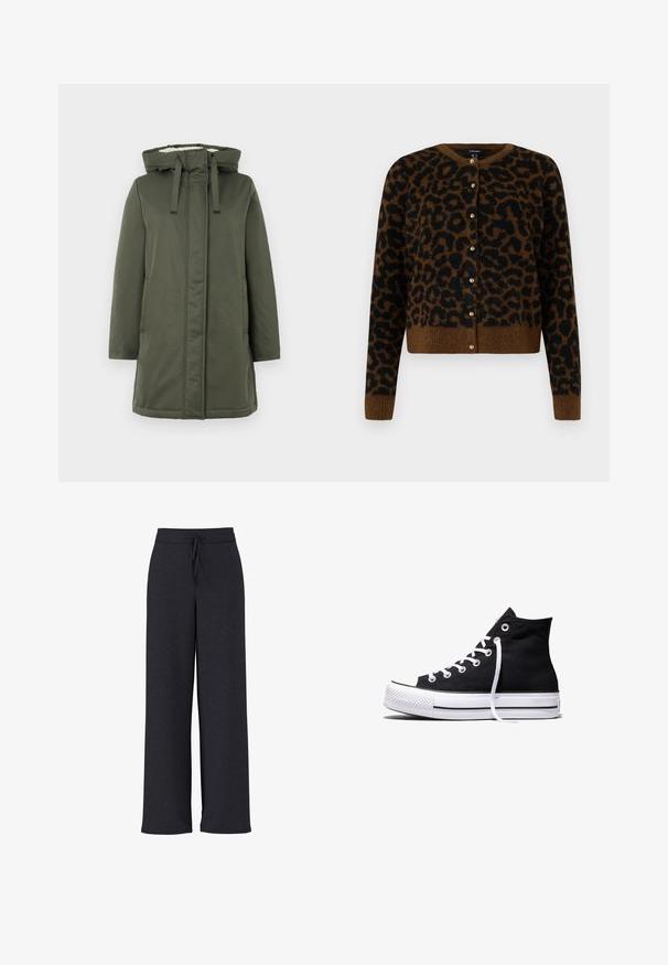 Olijfgroene lange jas met een capuchon, ritssluiting, twee zijzakken en een zachte binnenvoering. Het materiaal lijkt waterafstotend en soepel te zijn.; Vero Moda VMNEWKAI O-NECK CARDIGAN - Vest - black; Donkere grijze wijde broek met een gestructureerde stof, voorzien van een elastische tailleband en verstelbare trekkoord voor een comfortabele pasvorm.; Zwarte hooggesloten canvas sneaker met witte rubberen zool en witte veters, zijwaarts weergegeven op een witte achtergrond.
