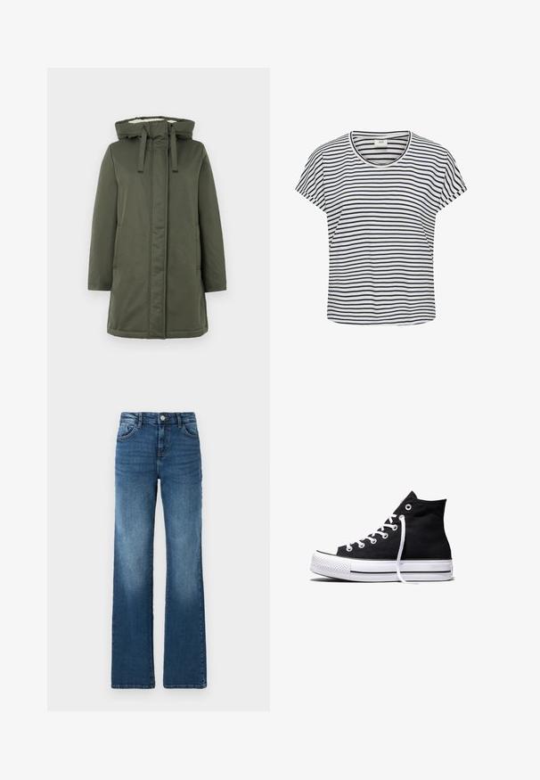 Olivegrüner langer Mantel mit Kapuze, Reißverschluss, zwei seitlichen Taschen und einem weichen Innenschild. Das Material wirkt wasserabweisend und glatt.; Gestreiftes T-Shirt in Weiß und Marineblau, aus weichem Stoff. Es hat einen runden Ausschnitt und kurze Ärmel mit einer lockeren Passform.; Blaue Jeans aus Denim mit geradem Bein, fünf Taschen, leichter Ausbleichung, Knopfverschluss und kontrastierenden Nähdetails.; Schwarzer High-Top-Canvas-Sneaker mit weißer Gummisohle und weißen Schnürsenkeln, seitlich dargestellt vor weißem Hintergrund.