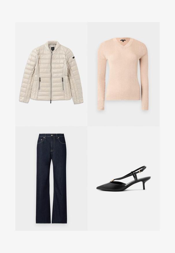 Beige pufferjack met een ritssluiting aan de voorkant, zijzakken en een staande kraag. Kenmerkt zich door een gewatteerde textuur en een slank, minimalistisch ontwerp.; Lichtroze geribbelde trui met lange mouwen en V-hals. Gemaakt van zacht materiaal, met een aansluitende pasvorm en een gestructureerd oppervlak.; Donkerblauwe denim jeans met een recht model, voorzien van vijf zakken, contrasterende gele stiksels en een metalen knoopsluiting.; Zwarte leren slingback kittenheels met puntige neus, smalle T-strap, verstelbare gesp en kleine gouden versiering op het bandje.