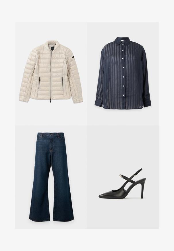 Veste matelassée beige avec fermeture éclair sur le devant, poches latérales et col montant. Présente une texture matelassée et un design épuré et minimaliste.; Chemise transparente bleu marine foncé à boutons, rayures verticales, manches longues et col pointu, présentée sur un fond uni.; Jean large en denim bleu foncé, avec une taille haute, un design à cinq poches et des coutures orange contrastantes le long des coutures.; Escarpins slingback en cuir noir avec bout pointu, design ajouré et bride ajustable ornée de ferrures métalliques.