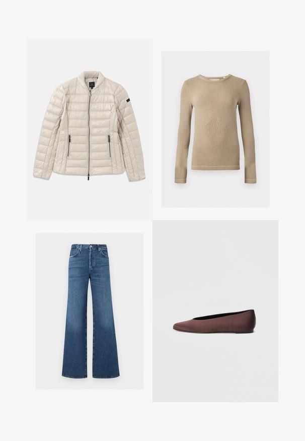 Beige pufferjack met een ritssluiting aan de voorkant, zijzakken en een staande kraag. Kenmerkt zich door een gewatteerde textuur en een slank, minimalistisch ontwerp.; Beige geribd gebreid topje met lange mouwen, ronde hals, aansluitende pasvorm en zichtbare naden bij de zomen, tegen een effen achtergrond.; Blauwe jeans met een hoge taille en wijde pijpen, met een knoop- en ritssluiting vooraan, voor- en achterzakken en riemlussen.; Bruine stoffen balletschoenen met een puntige neus en een gladde textuur, voorzien van een lage achterkant en een dunne zwarte zool. Geen zichtbare patronen of metalen onderdelen.