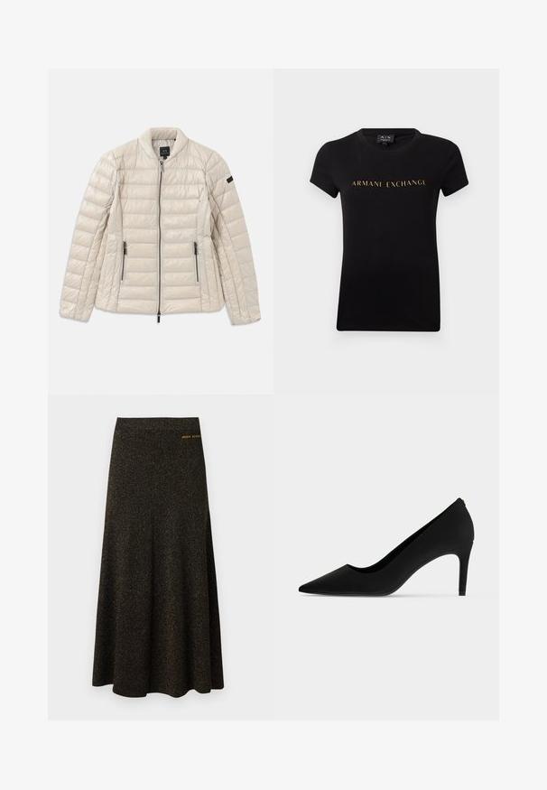 Veste matelassée beige avec fermeture éclair sur le devant, poches latérales et col montant. Présente une texture matelassée et un design épuré et minimaliste.; T-shirt noir à manches courtes et col rond avec l'inscription « ARMANI EXCHANGE » en lettres dorées centrée sur le devant.; Jupe midi noire en ligne A avec un subtil éclat doré et un petit logo doré "Armani Exchange" près de la taille côté droit.; Chaussure à talon haut noire à bout pointu avec un talon fin et une finition mate et lisse, vue de profil sur fond blanc.
