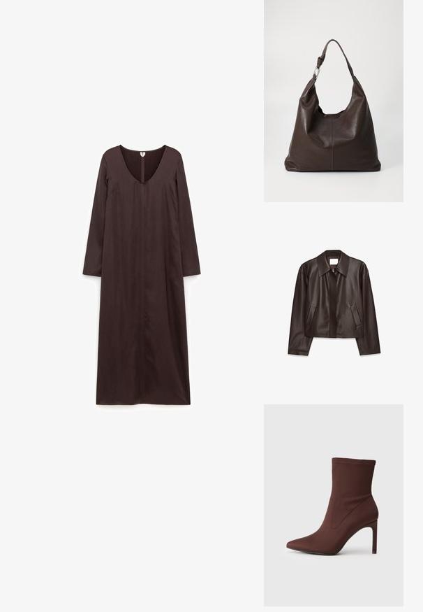 Dunkelbraune Lederjacke mit Frontreißverschluss, weitem Kragen, langen Ärmeln und zwei schrägen Seitentaschen, flach auf einem weißen Hintergrund gezeigt.; Langes, dunkelbraunes Kleid aus glattem Stoff mit tiefem V-Ausschnitt, langen Ärmeln und geradem Schnitt mit einem mittigen Nahtdetail.; Braune Stretch-Stoff-Ankle-Boots mit spitzer Zehe und 10 cm hohen Stiletto-Absätzen. Nahtdetails an den Seiten, glatte Textur und keine sichtbaren Verschlüsse.; Zign by Zalando LEATHER - Shopping Bag - chocolate brown