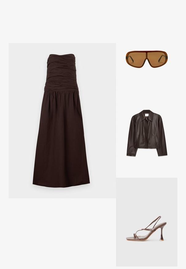 Donkerbruin leren jack met een rits aan de voorkant, brede kraag, lange mouwen en twee schuine zijzakken, plat weergegeven op een witte achtergrond.; Donkerbruine strapless maxi-jurk met geplooide lijf en verzamelde taille, uitlopend in een lange rok.; Bruine hoge hakken sandalen met bandjes, een vierkante neus, slanke bandjes, een glanzende afwerking en een opvallende, gebogen hak.; Bruine oversized schildstijl zonnebril met een dik montuur en getinte glazen op een witte achtergrond.