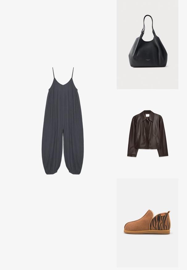 Mørkebrunt læderjakke med frontlynlås, bred krave, lange ærmer og to skrå sidelommer, vist fladt på en hvid baggrund.; Løs, ærmeløs mørkegrå jumpsuit med tynde skulderstropper, brede opsamlede ben og en afslappet pasform lavet af letvægtsstof.; Tan ruskinds slippers med et faux fur-for og et kontrastfyldt sort tigermønster på den ene side; tan gummisål for godt greb.; Sort lædertaske med struktureret overflade, buet form og dobbelthanke. Logo i diskret skrift på forsiden.
